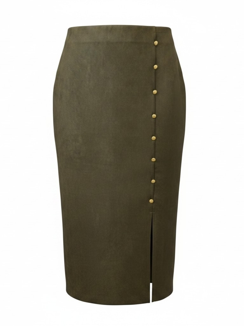 Messini Olive High-Waist Pencil Skirt with Gold Buttons - Medium